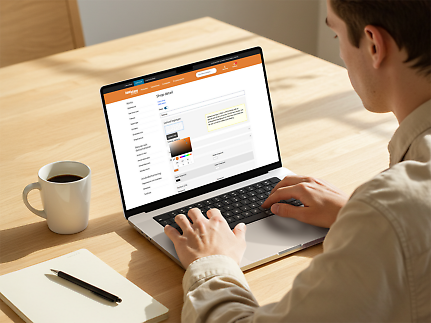 En person arbetar i Toolshops administrationsgränssnitt på en laptop och justerar färger och logotyp för sin webbshop.